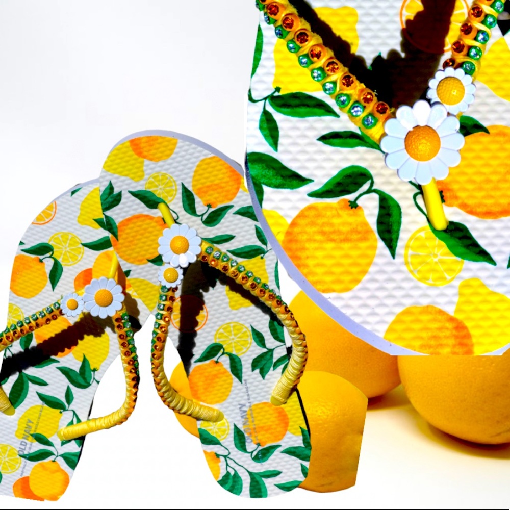 Crystal Bling Lemon Flip Flops, Handmade Embellishments, Beach Sandals, Size 7
